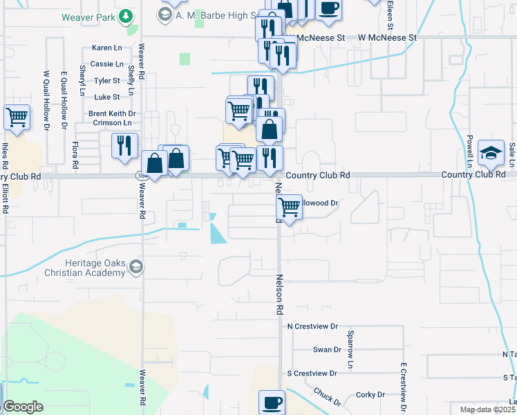 map of restaurants, bars, coffee shops, grocery stores, and more near 1860 South Tallowood Drive in Lake Charles