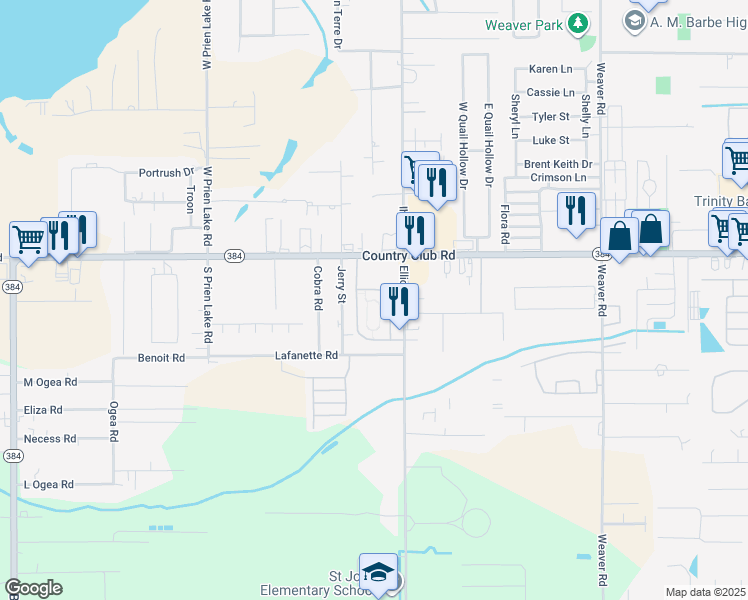 map of restaurants, bars, coffee shops, grocery stores, and more near 2845 Country Club Road in Lake Charles