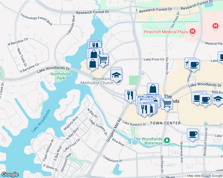 map of restaurants, bars, coffee shops, grocery stores, and more near 2200 Lake Woodlands Drive in The Woodlands