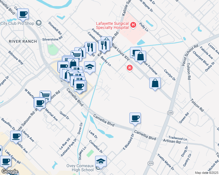 map of restaurants, bars, coffee shops, grocery stores, and more near 209 Long Plantation Boulevard in Lafayette
