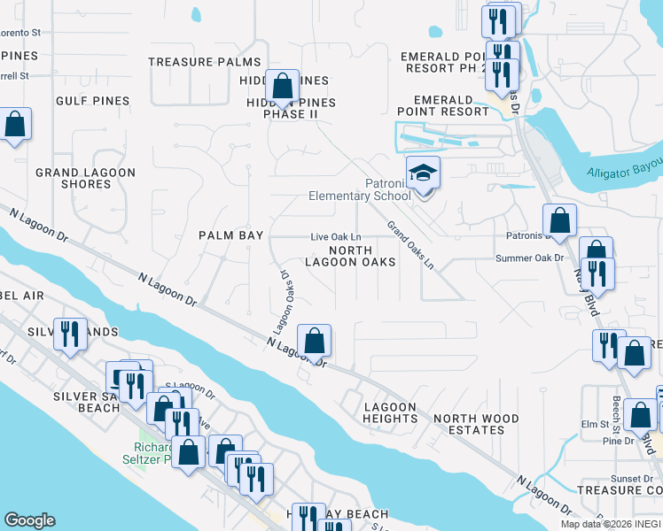 map of restaurants, bars, coffee shops, grocery stores, and more near 433 Water Oak Circle in Panama City Beach