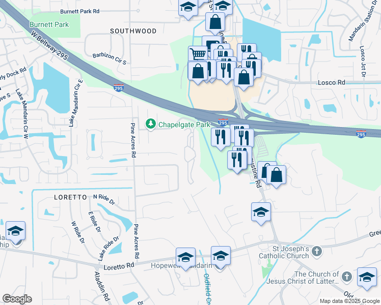 map of restaurants, bars, coffee shops, grocery stores, and more near 3935 Mandarin Woods Drive South in Jacksonville