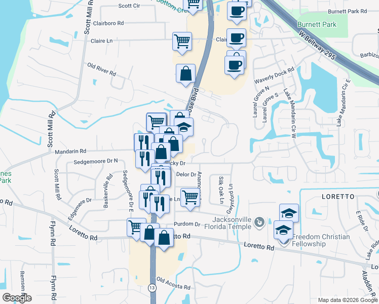 map of restaurants, bars, coffee shops, grocery stores, and more near 3071 Falconer Drive in Jacksonville
