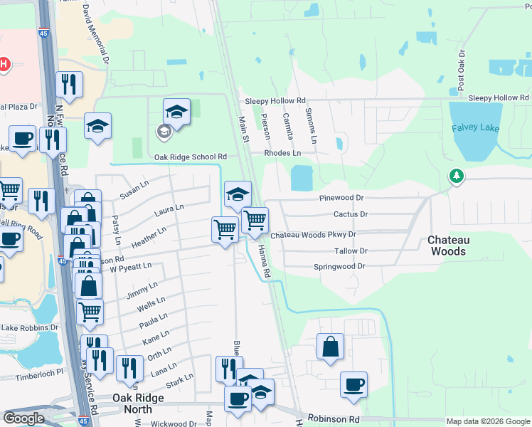 map of restaurants, bars, coffee shops, grocery stores, and more near Sunset Lane in Conroe