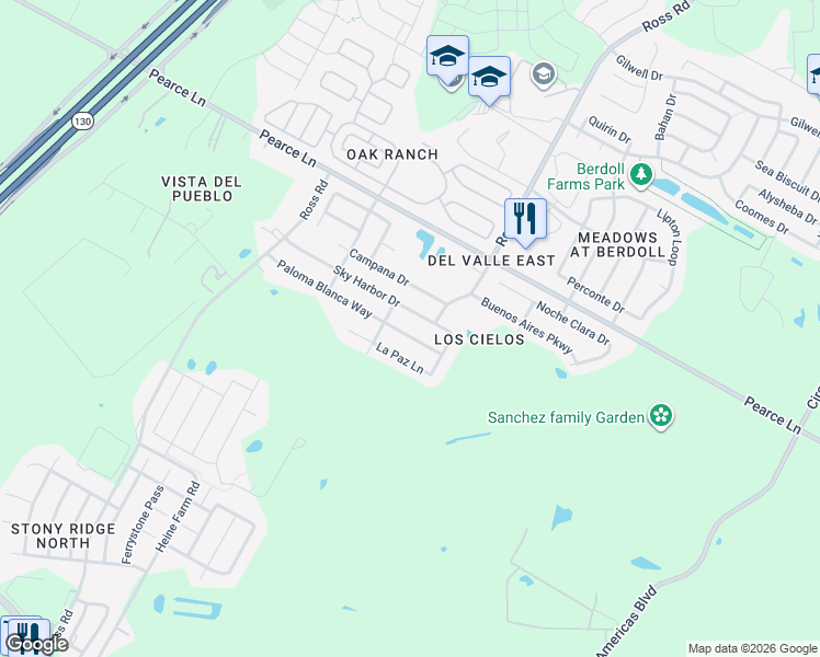 map of restaurants, bars, coffee shops, grocery stores, and more near 12717 Paloma Blanca Way in Del Valle