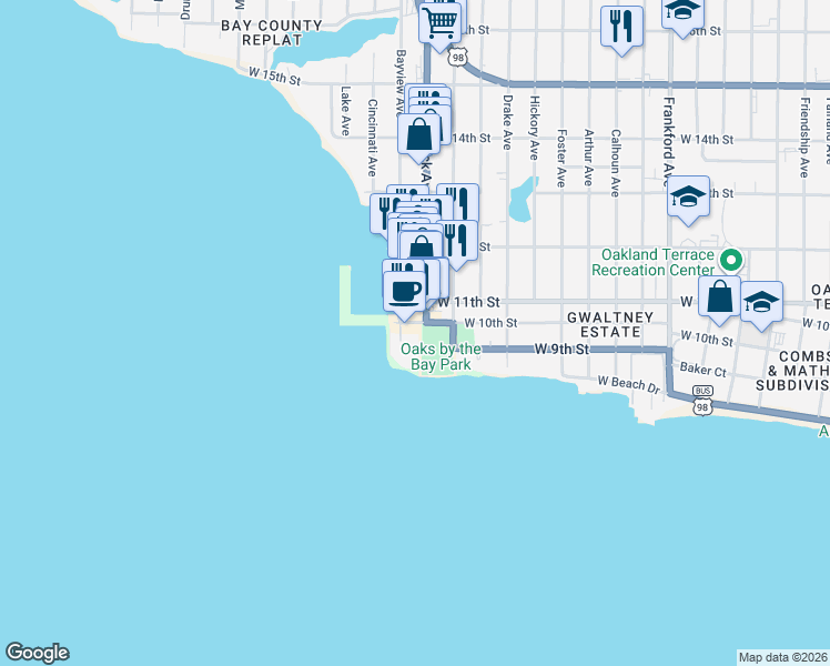 map of restaurants, bars, coffee shops, grocery stores, and more near 3001 West 10th Street in Panama City