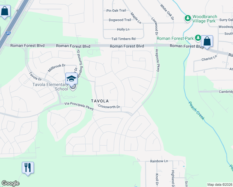 map of restaurants, bars, coffee shops, grocery stores, and more near 23537 Kenworth Drive in New Caney