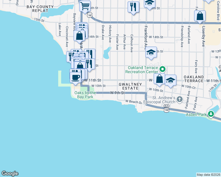 map of restaurants, bars, coffee shops, grocery stores, and more near 2538 West 9th Street in Panama City