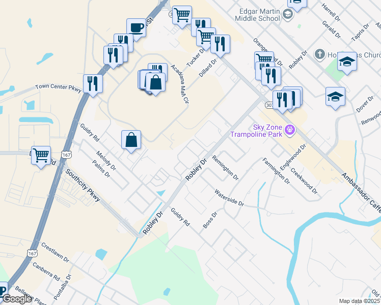 map of restaurants, bars, coffee shops, grocery stores, and more near 1100 Robley Drive in Lafayette