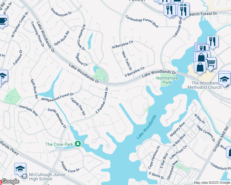 map of restaurants, bars, coffee shops, grocery stores, and more near 15 South Lakemist Harbour Place in Spring
