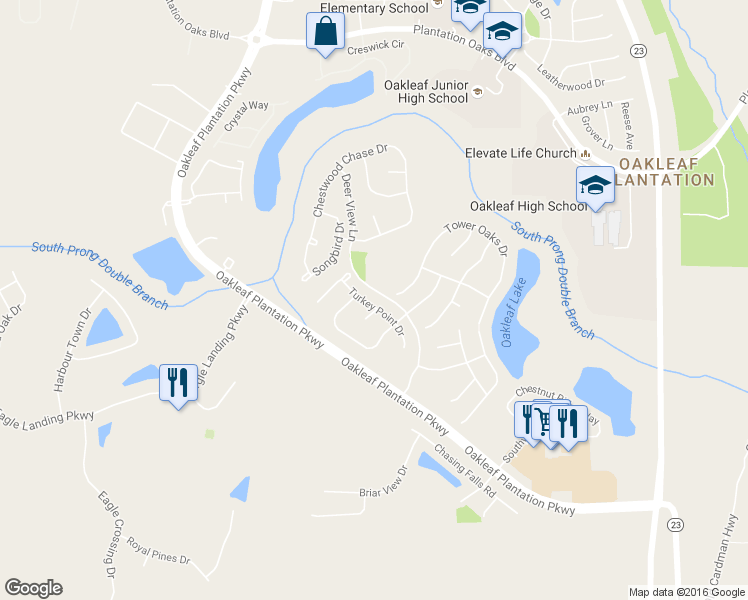 map of restaurants, bars, coffee shops, grocery stores, and more near 733 Turkey Point Drive in Orange Park