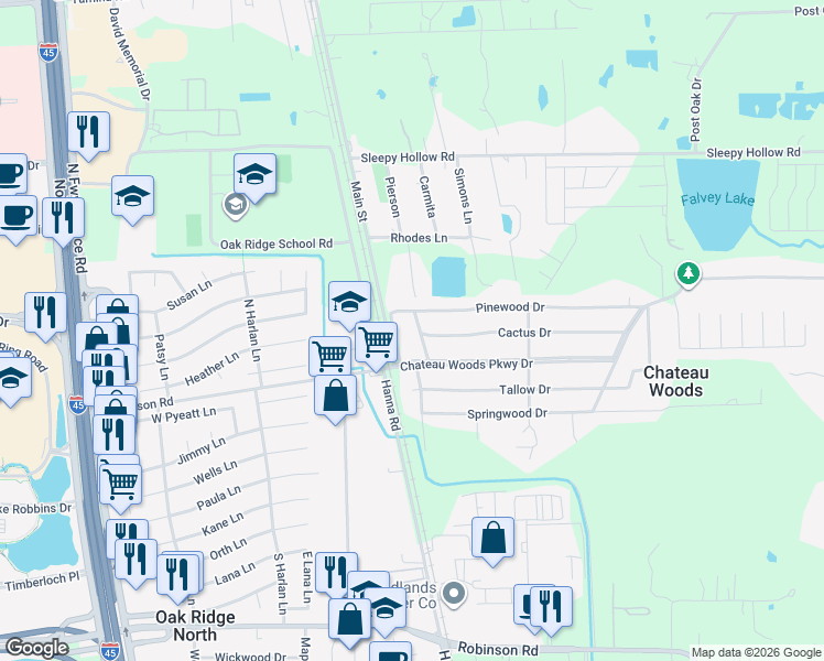 map of restaurants, bars, coffee shops, grocery stores, and more near 212 Chateau Woods Parkway Drive in Conroe