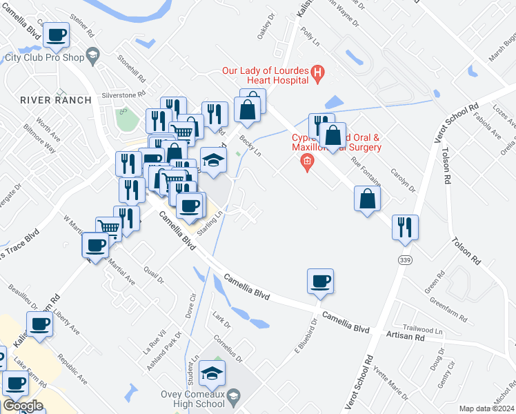 map of restaurants, bars, coffee shops, grocery stores, and more near 203 Long Plantation Boulevard in Lafayette