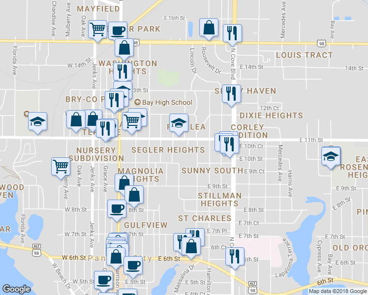 map of restaurants, bars, coffee shops, grocery stores, and more near 450 East 11th Street in Panama City