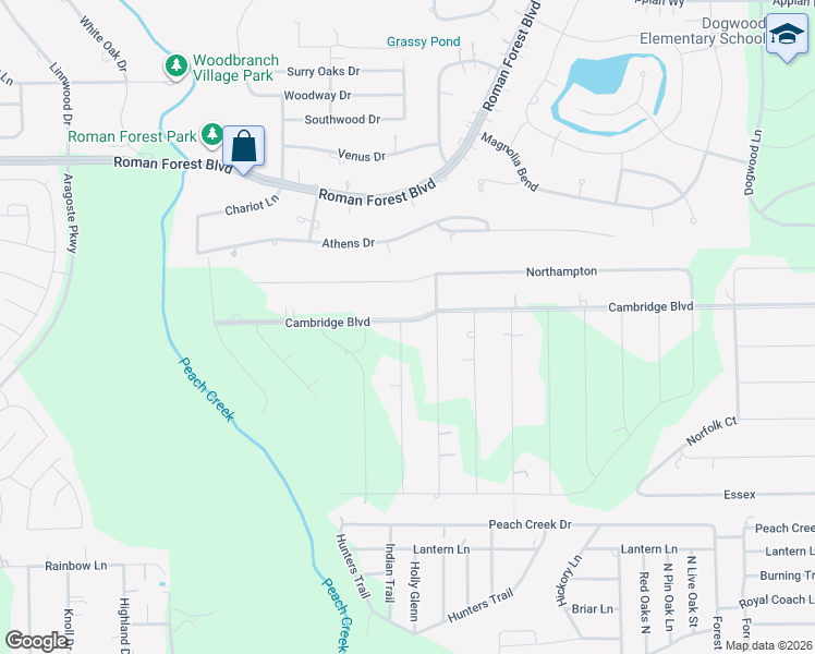 map of restaurants, bars, coffee shops, grocery stores, and more near 19105 Warwick in New Caney
