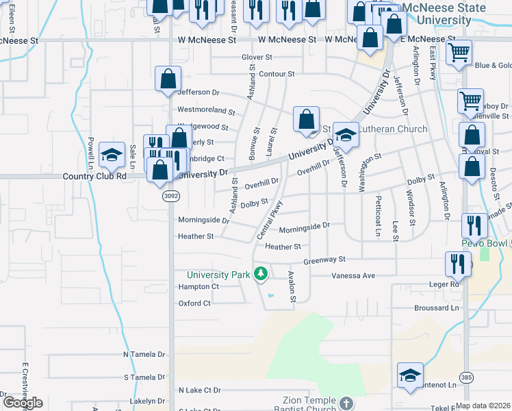 map of restaurants, bars, coffee shops, grocery stores, and more near 600-630 Central Parkway in Lake Charles