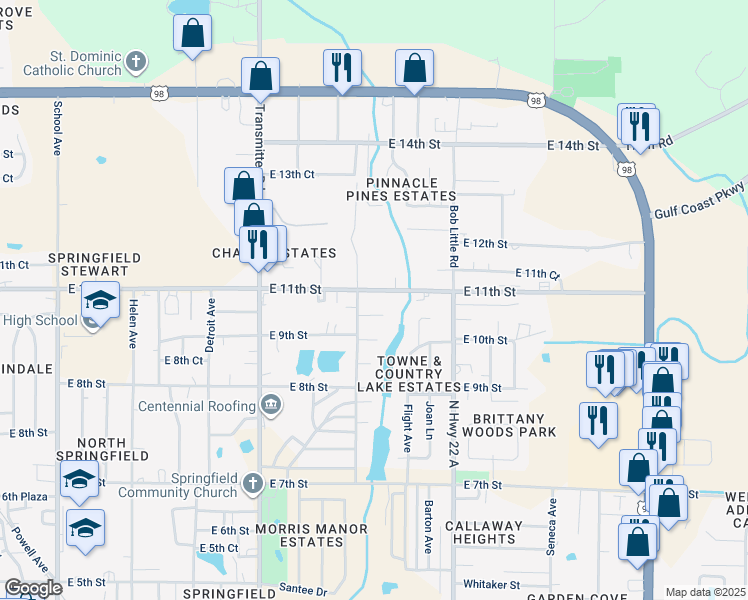 map of restaurants, bars, coffee shops, grocery stores, and more near 908 Russ Lake Drive in Panama City