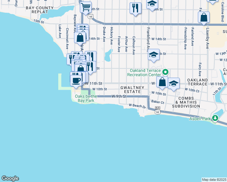 map of restaurants, bars, coffee shops, grocery stores, and more near 2500 West 9th Street in Panama City