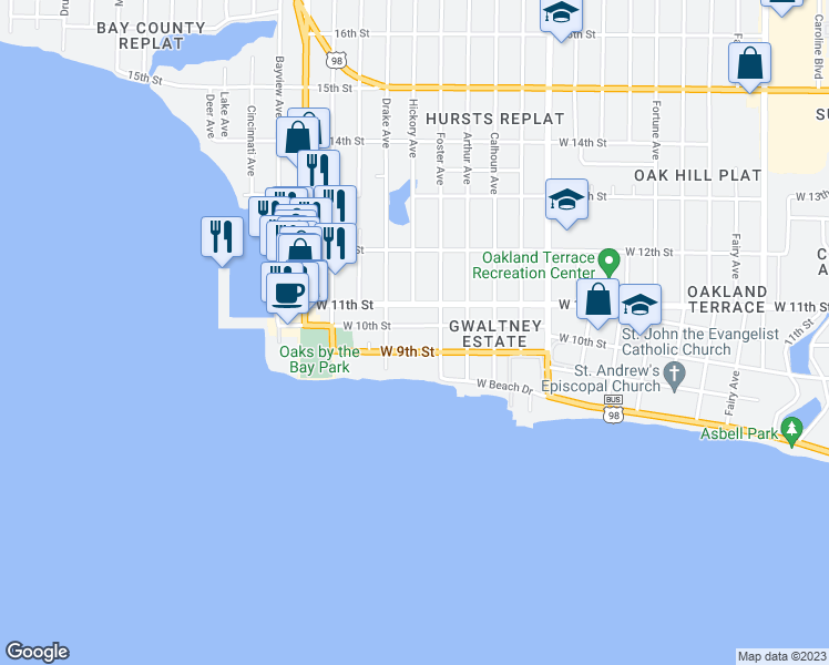 map of restaurants, bars, coffee shops, grocery stores, and more near 2538 West 9th Street in Panama City