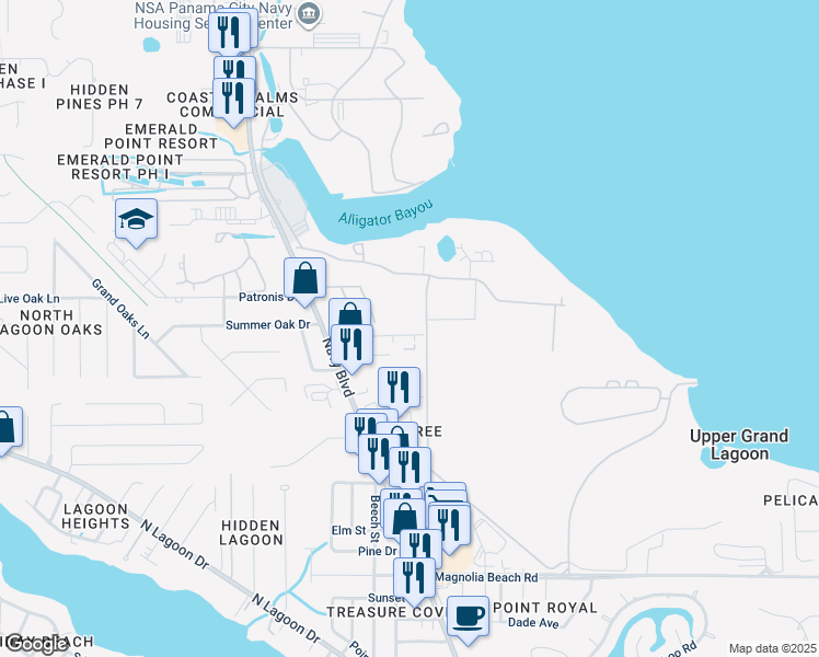 map of restaurants, bars, coffee shops, grocery stores, and more near 134 Gwyn Drive in Panama City Beach
