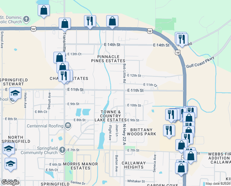 map of restaurants, bars, coffee shops, grocery stores, and more near 4904 East 11th Street in Panama City