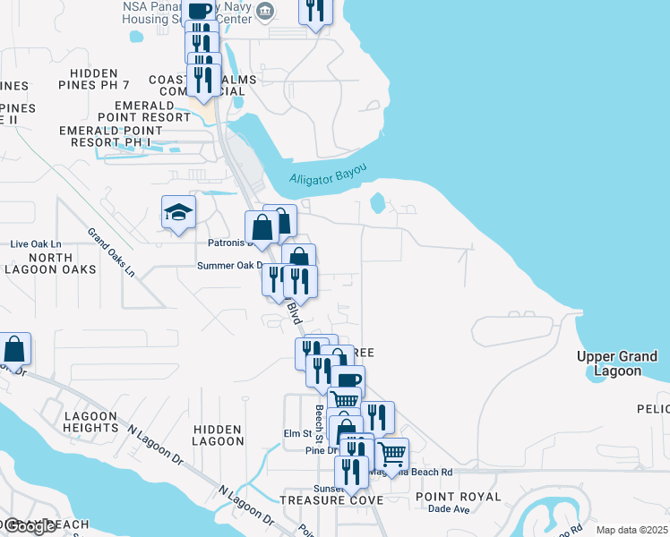 map of restaurants, bars, coffee shops, grocery stores, and more near 129 Gwyn Drive in Panama City Beach