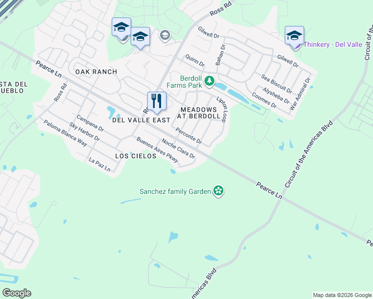 map of restaurants, bars, coffee shops, grocery stores, and more near 13123 Noche Clara Drive in Del Valle