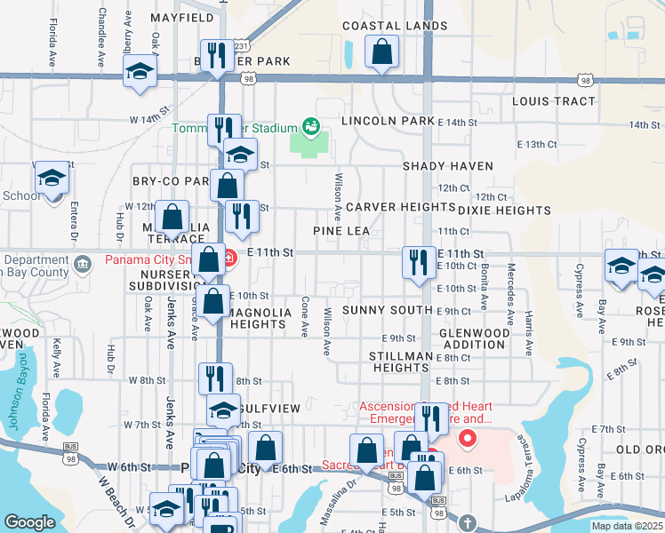 map of restaurants, bars, coffee shops, grocery stores, and more near 450 East 11th Street in Panama City
