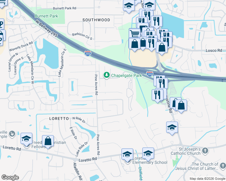 map of restaurants, bars, coffee shops, grocery stores, and more near 3850 Chapelgate Road in Jacksonville