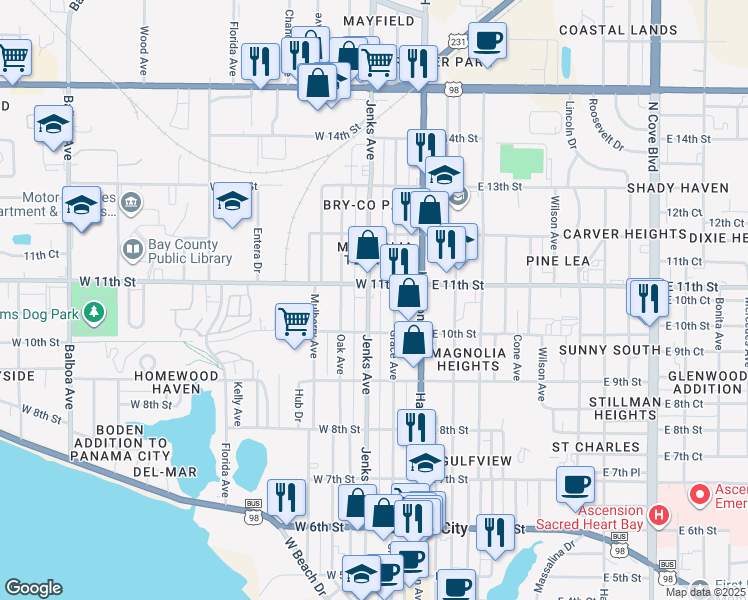 map of restaurants, bars, coffee shops, grocery stores, and more near 1040 Jenks Avenue in Panama City