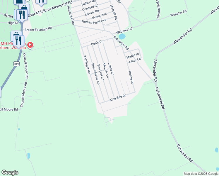 map of restaurants, bars, coffee shops, grocery stores, and more near 142 Melody Lane in Crawfordville