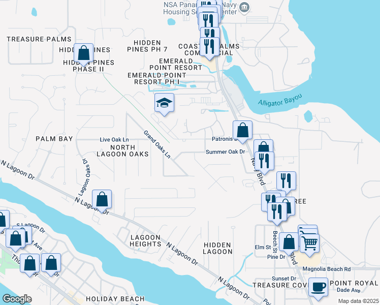 map of restaurants, bars, coffee shops, grocery stores, and more near 7221 Patronis Drive in Panama City Beach