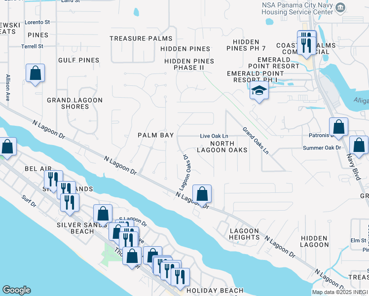 map of restaurants, bars, coffee shops, grocery stores, and more near 600 Live Oak Ln in Panama City
