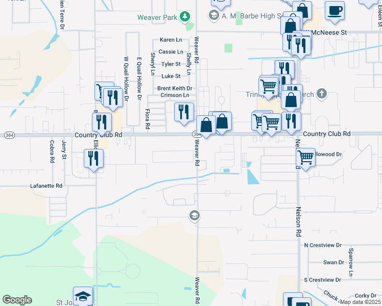 map of restaurants, bars, coffee shops, grocery stores, and more near 4929 Weaver Road in Lake Charles