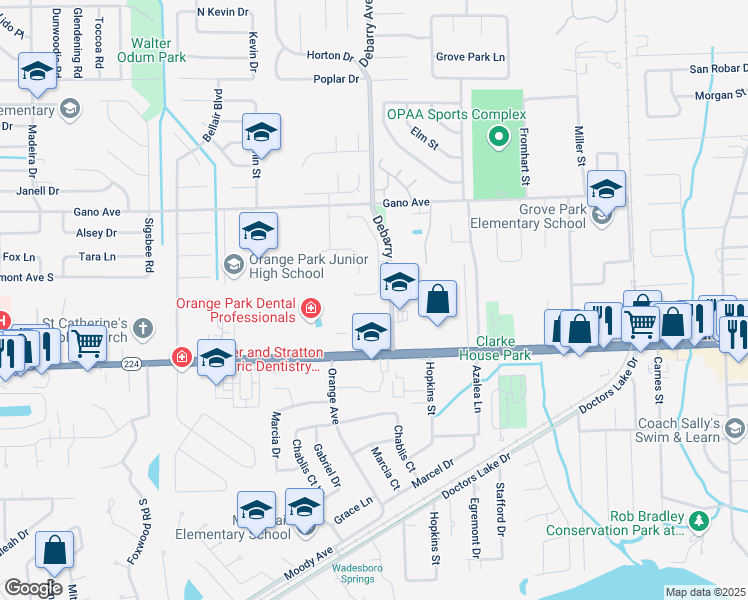 map of restaurants, bars, coffee shops, grocery stores, and more near 1573 Slash Pine Court in Orange Park