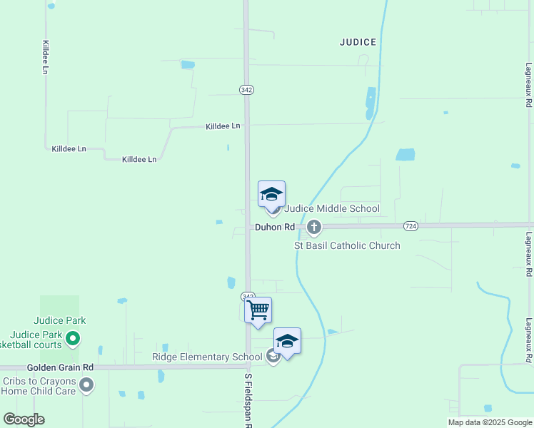 map of restaurants, bars, coffee shops, grocery stores, and more near 2645 South Fieldspan Road in Duson