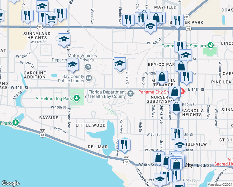 map of restaurants, bars, coffee shops, grocery stores, and more near 1065 Florida Avenue in Panama City