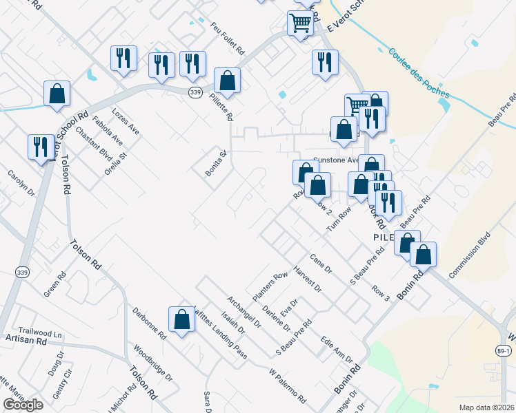 map of restaurants, bars, coffee shops, grocery stores, and more near 312 Vieux Orleans Circle in Lafayette