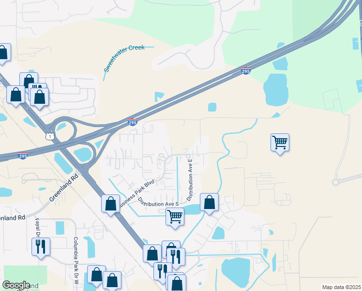 map of restaurants, bars, coffee shops, grocery stores, and more near 6931 Business Park Boulevard North in Jacksonville