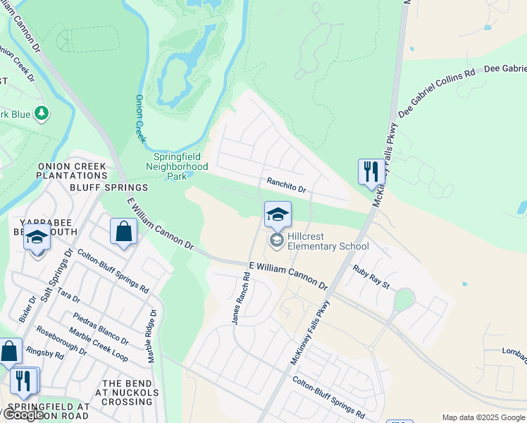 map of restaurants, bars, coffee shops, grocery stores, and more near 7001 Janes Ranch Road in Austin