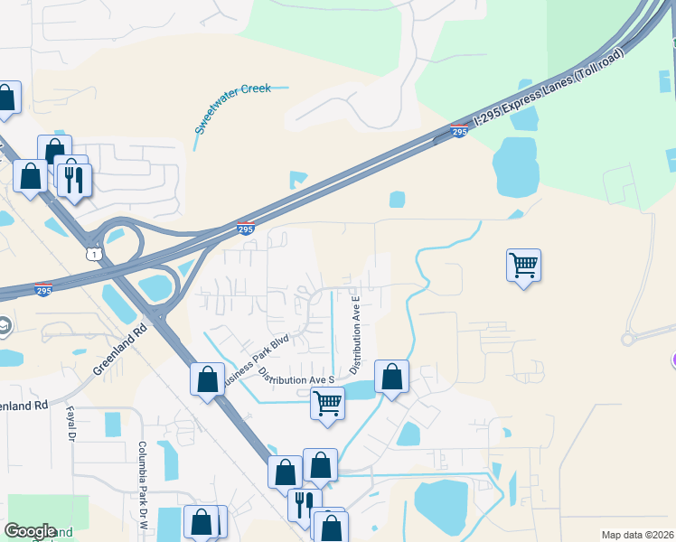 map of restaurants, bars, coffee shops, grocery stores, and more near 6931 Business Park Boulevard North in Jacksonville