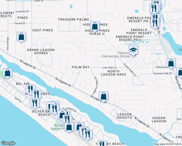 map of restaurants, bars, coffee shops, grocery stores, and more near 600 Live Oak Ln in Panama City