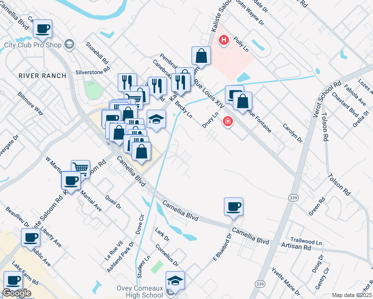 map of restaurants, bars, coffee shops, grocery stores, and more near 300 Drury Lane in Lafayette