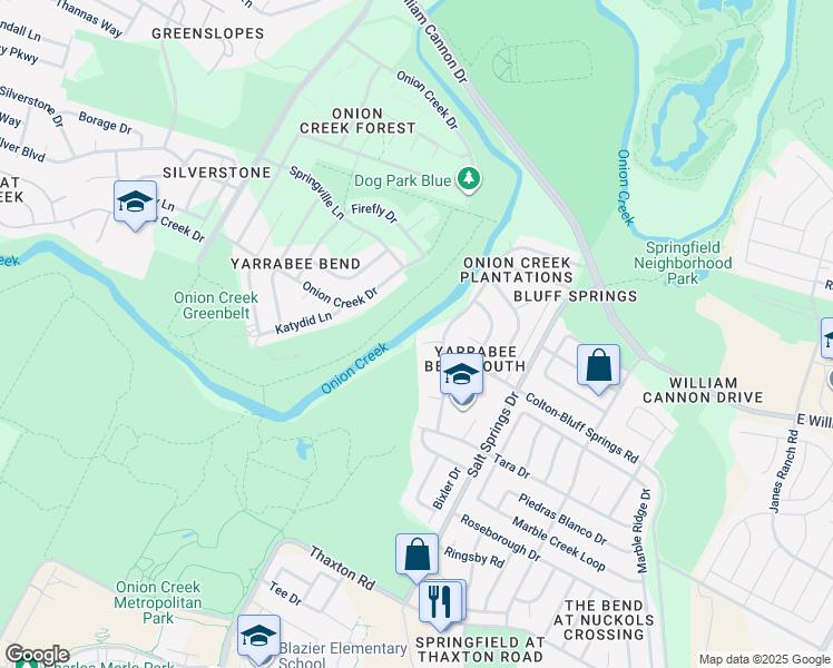 map of restaurants, bars, coffee shops, grocery stores, and more near Onion Creek Park in Austin