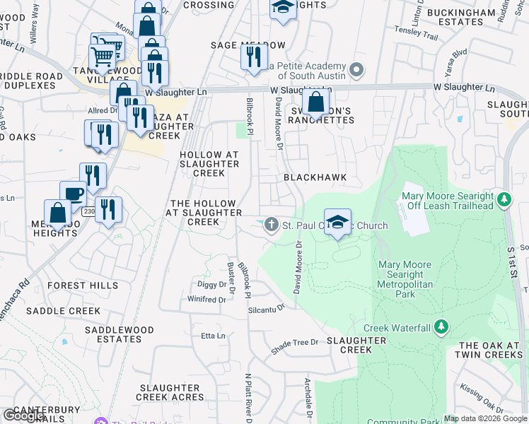 map of restaurants, bars, coffee shops, grocery stores, and more near 9935 Bilbrook Place in Austin