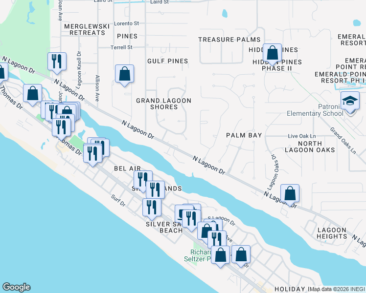 map of restaurants, bars, coffee shops, grocery stores, and more near 118 Grand Lagoon Shores Drive in Panama City