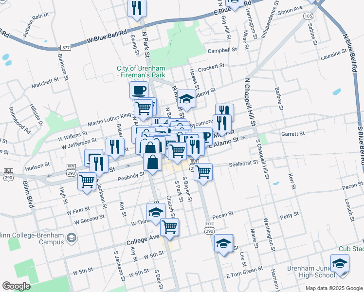 map of restaurants, bars, coffee shops, grocery stores, and more near 201 East Main Street in Brenham