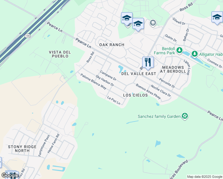 map of restaurants, bars, coffee shops, grocery stores, and more near 12521 Sky Harbor Drive in Del Valle