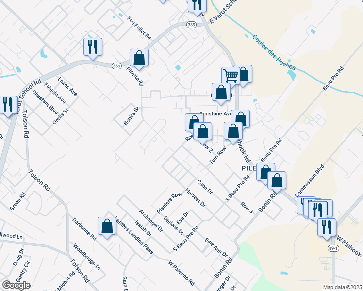 map of restaurants, bars, coffee shops, grocery stores, and more near 253 Row 1 in Lafayette
