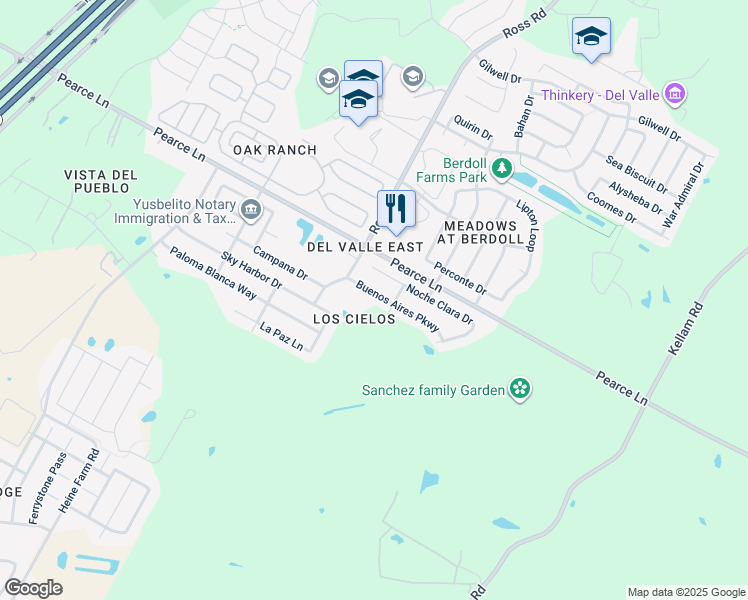 map of restaurants, bars, coffee shops, grocery stores, and more near 12833 Buenos Aires Parkway in Del Valle